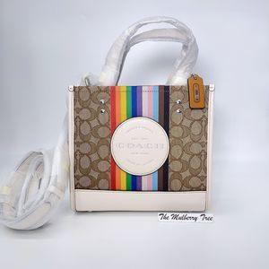 Coach CJ576 Dempsey Tote 22 Khaki Signature Jacquard Rainbow Stripe NWT $398